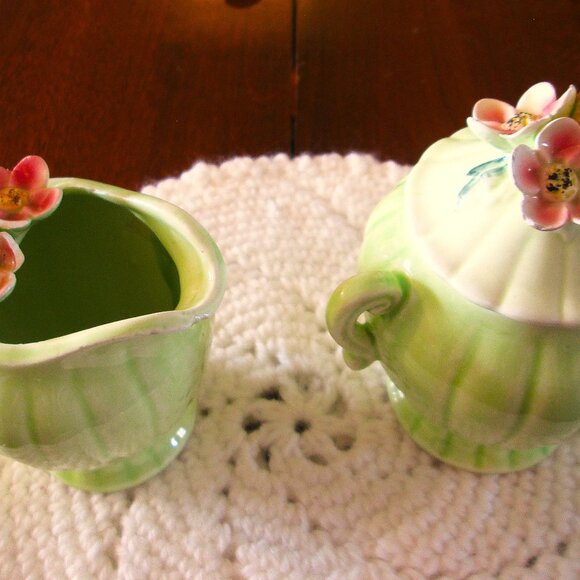 Vtg Napco Peach Blossom creamer & sugar bowl with lid from 20th cen - Picture 10 of 13